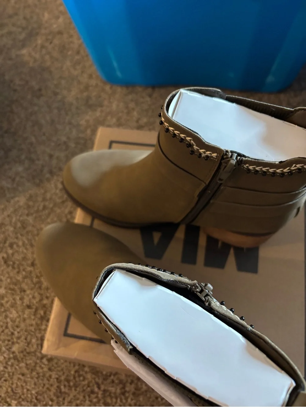 Women's Olive Chunky Ankle Heel Boots  with Decorative Trim. Size 9.